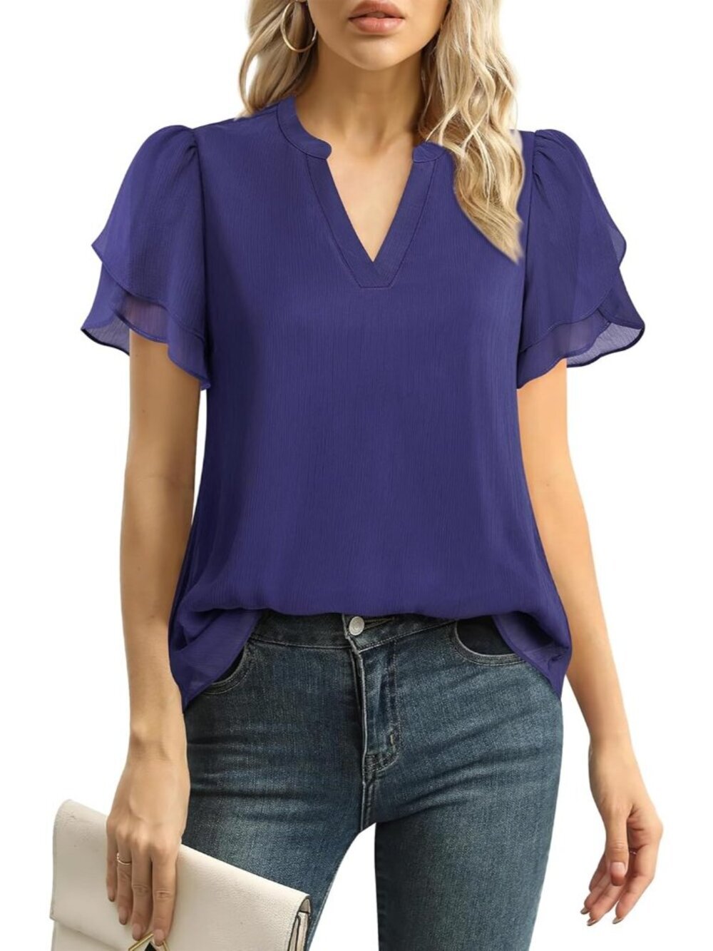 Women's Blue Polyester Puff Petal Short Sleeve Dressy Chiffon Blouses
